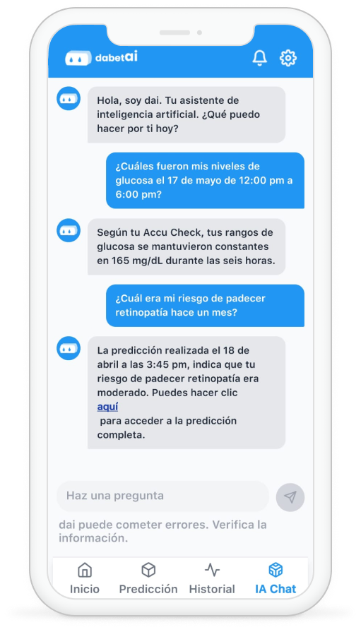 Chat con asistente de IA para resolver dudas sobre diabetes en la app