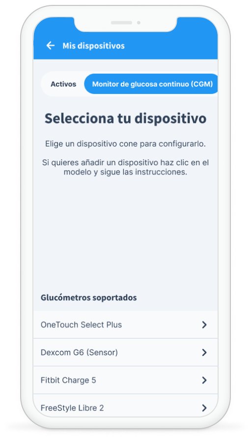 Asistente de conexión de glucómetro CGM y wearables en la app dabetai