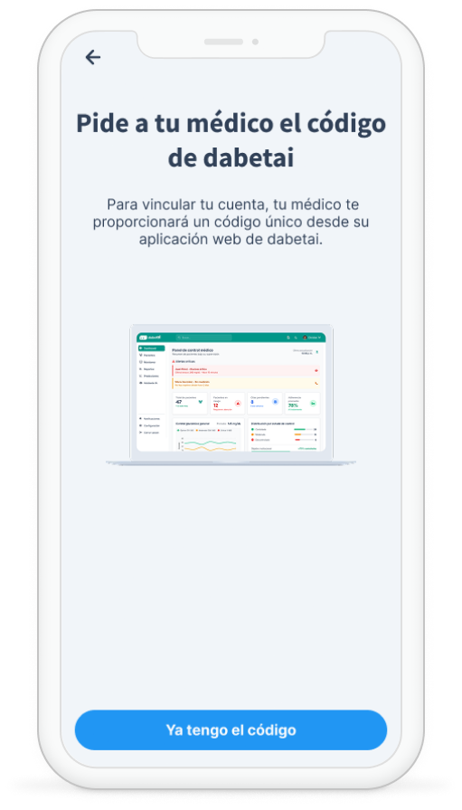 Pantalla para vincular cuenta de paciente con médico en dabetai