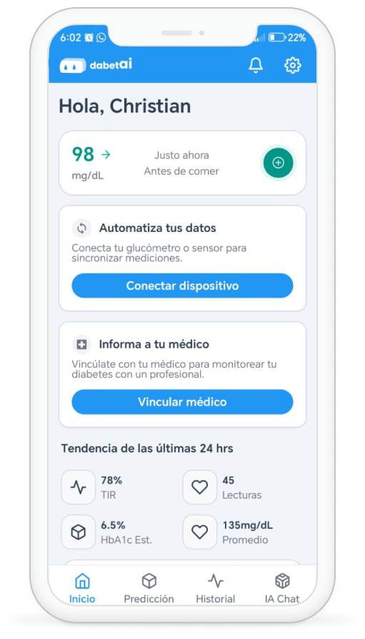Aplicación móvil dabetai mostrando dashboard de glucosa y predicciones