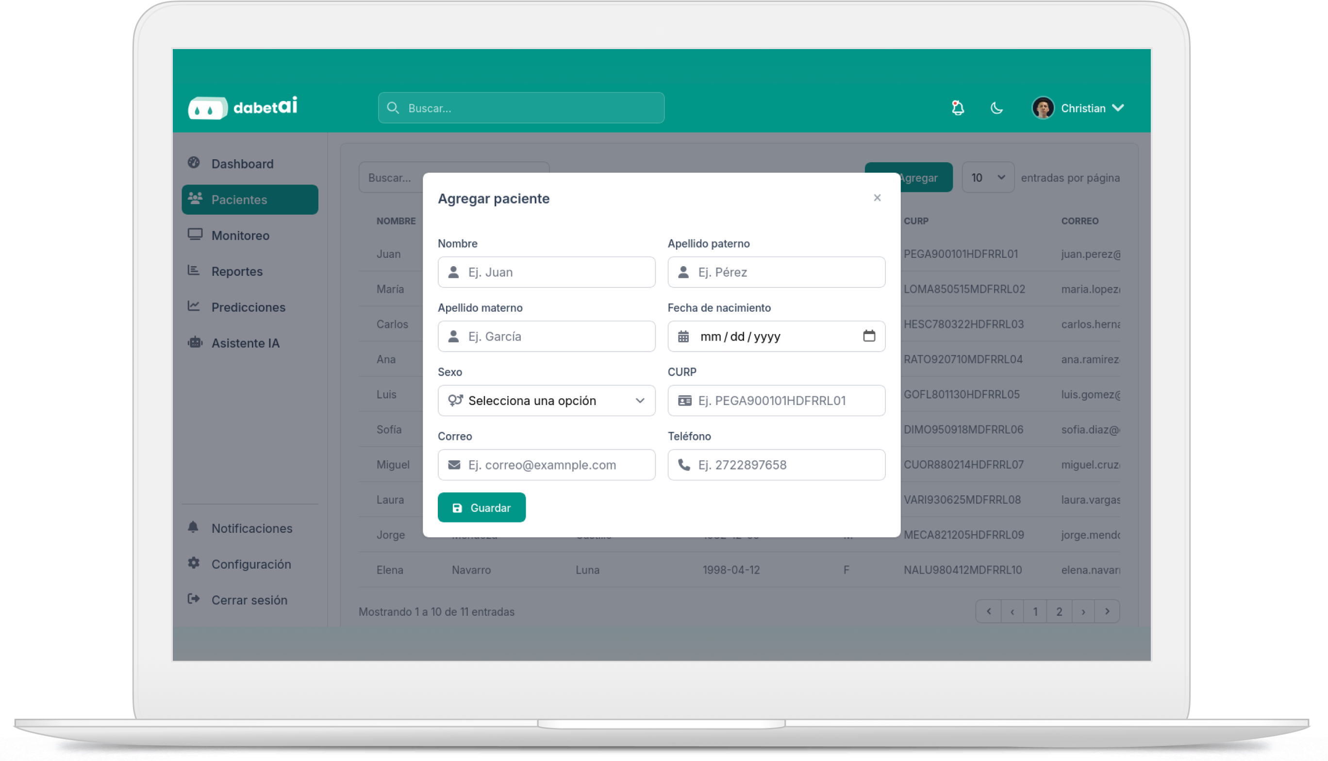 Formulario para agregar nuevo paciente al portal médico dabetai