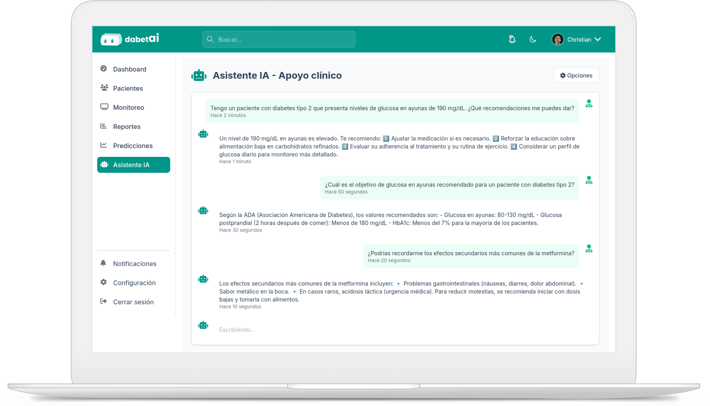 Asistente de chat con IA integrado en el portal web para médicos dabetai
