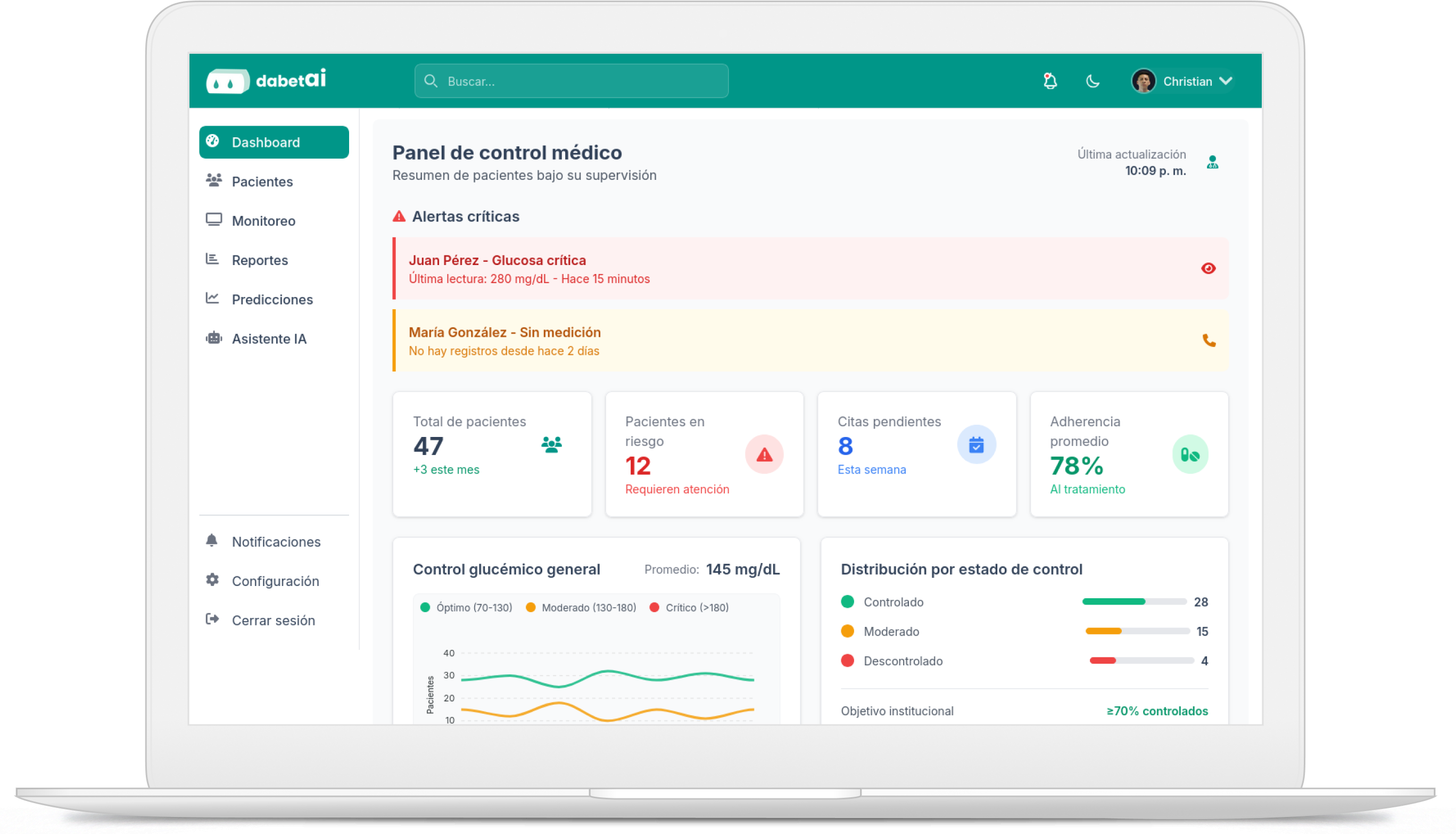 Dashboard del portal médico con métricas de glucosa alertas y estado de pacientes