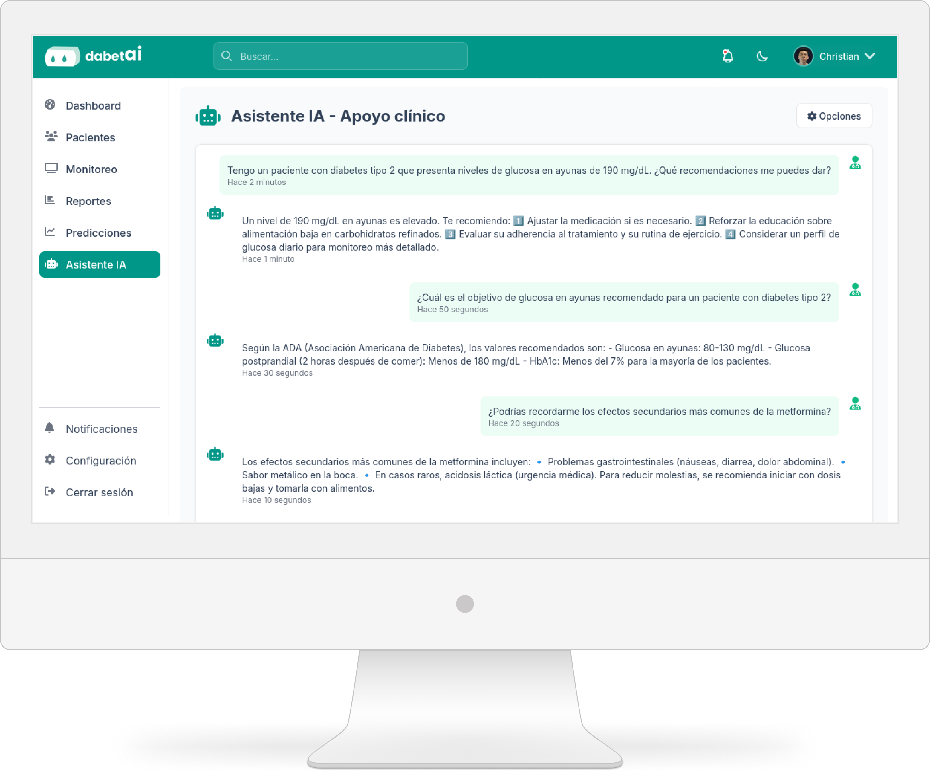 Chat con asistente de IA integrado en el portal médico de dabetai