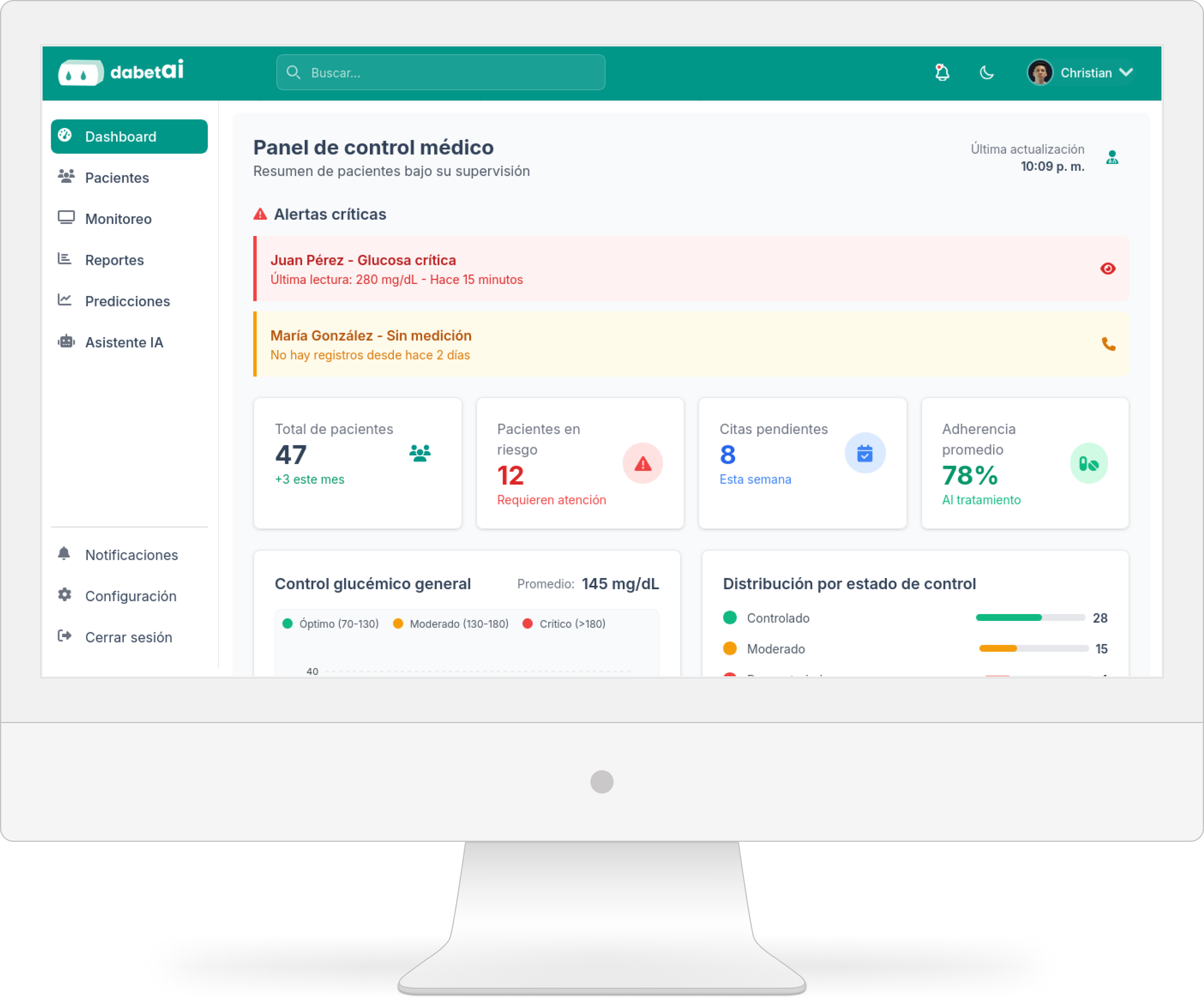 Panel de control web de dabetai con métricas de pacientes y alertas de IA