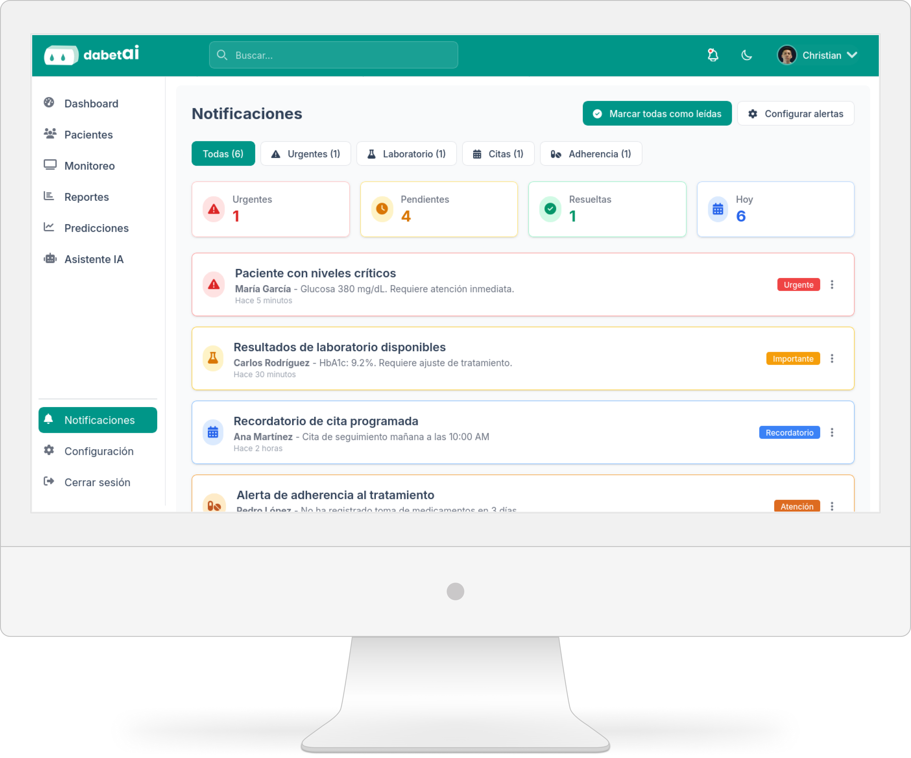 Notificaciones y alertas de riesgo para médicos en el portal web