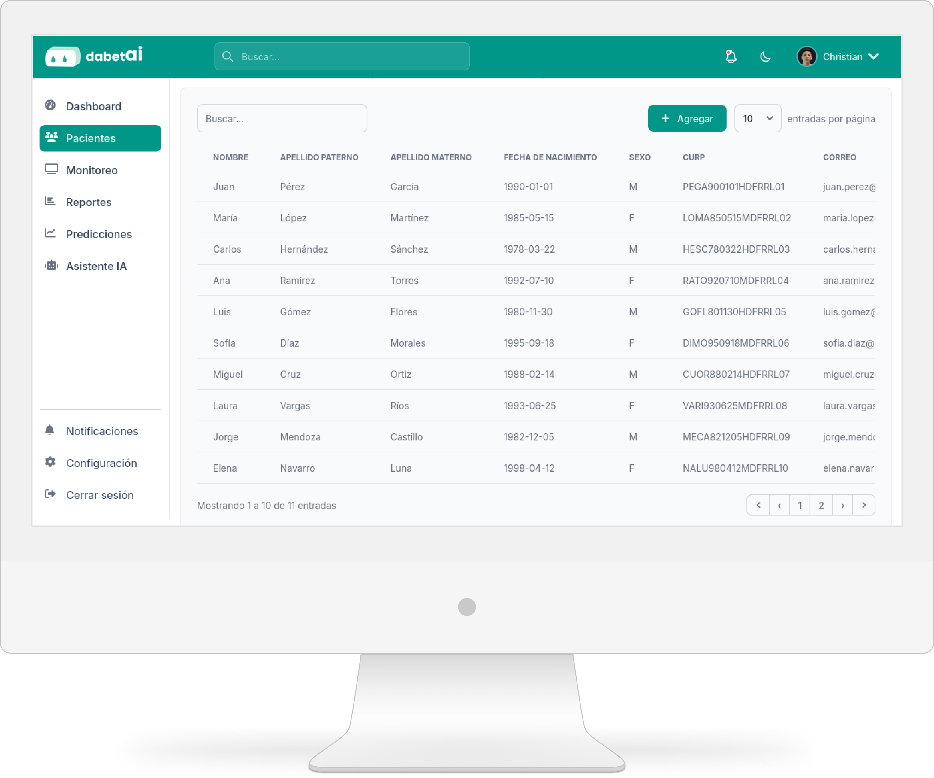 Gestión de pacientes en el portal médico web de dabetai