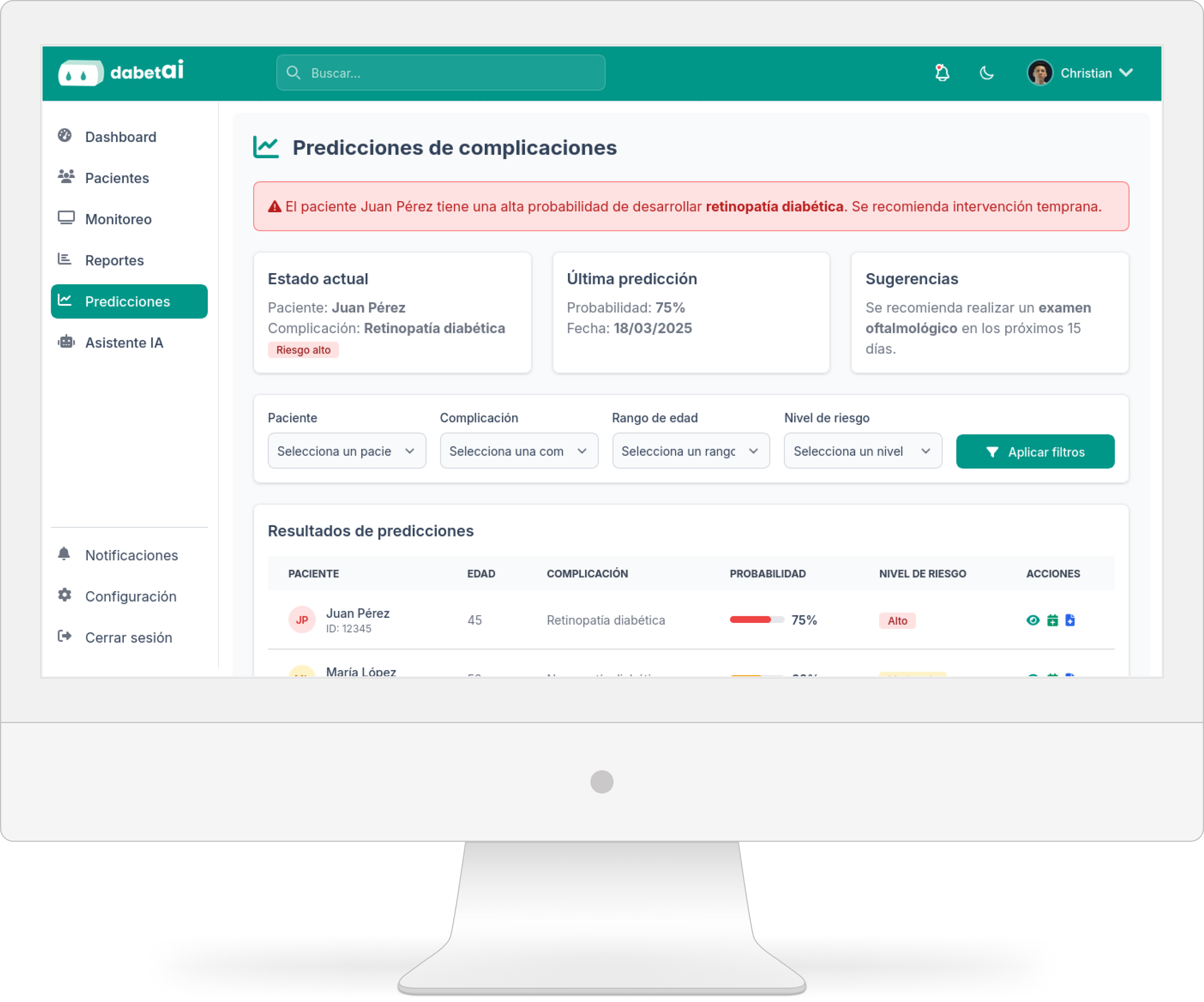 Predicciones de riesgo de complicaciones diabéticas en el portal web