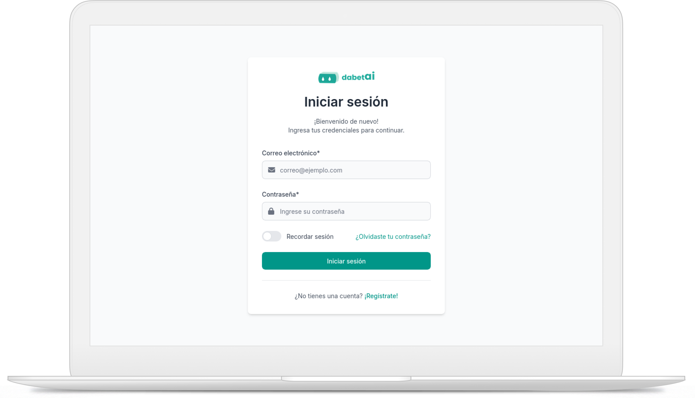 Pantalla de inicio de sesión del portal médico web de dabetai