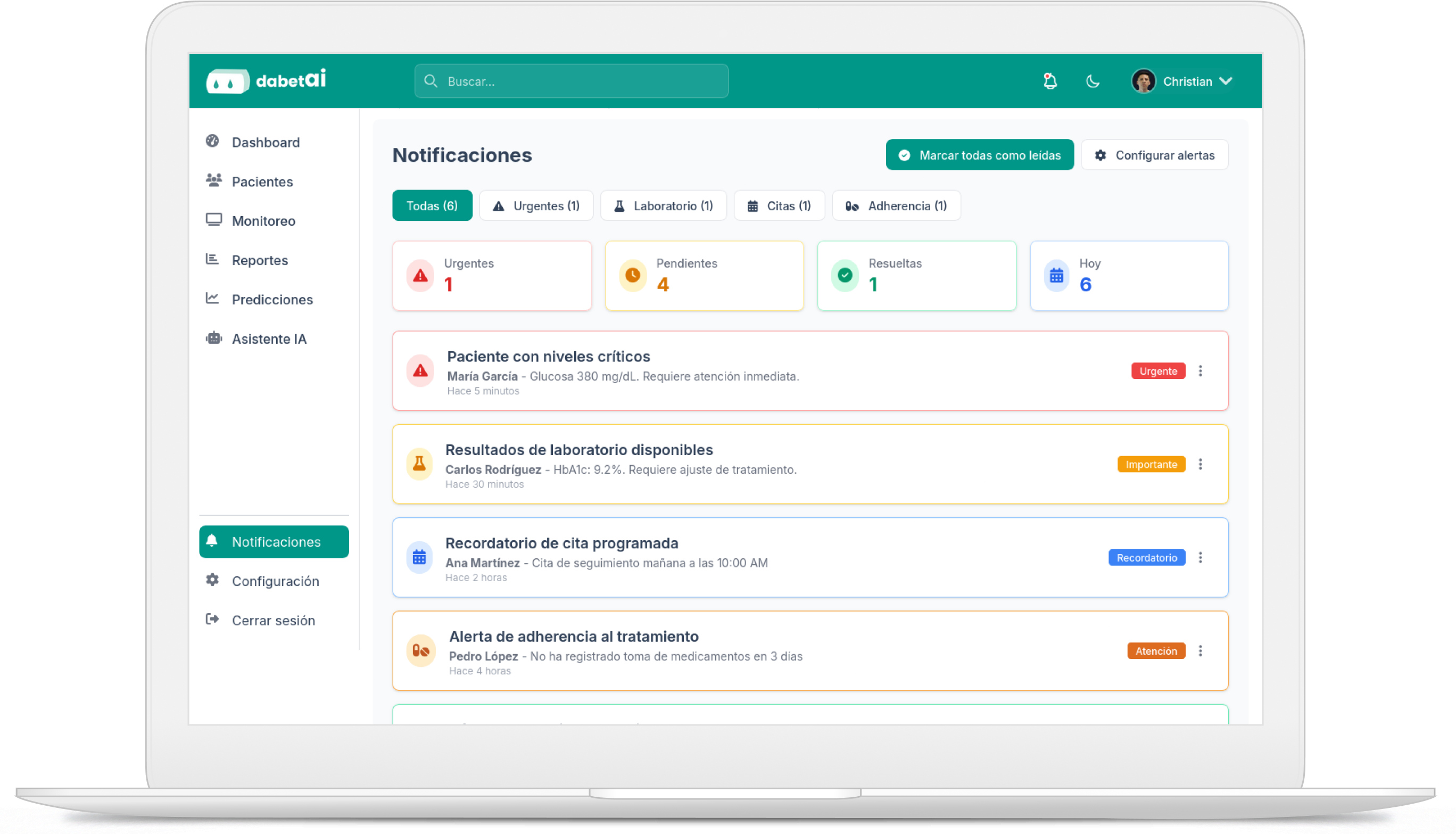 Notificaciones y alertas de anomalías para médicos en tiempo real dabetai
