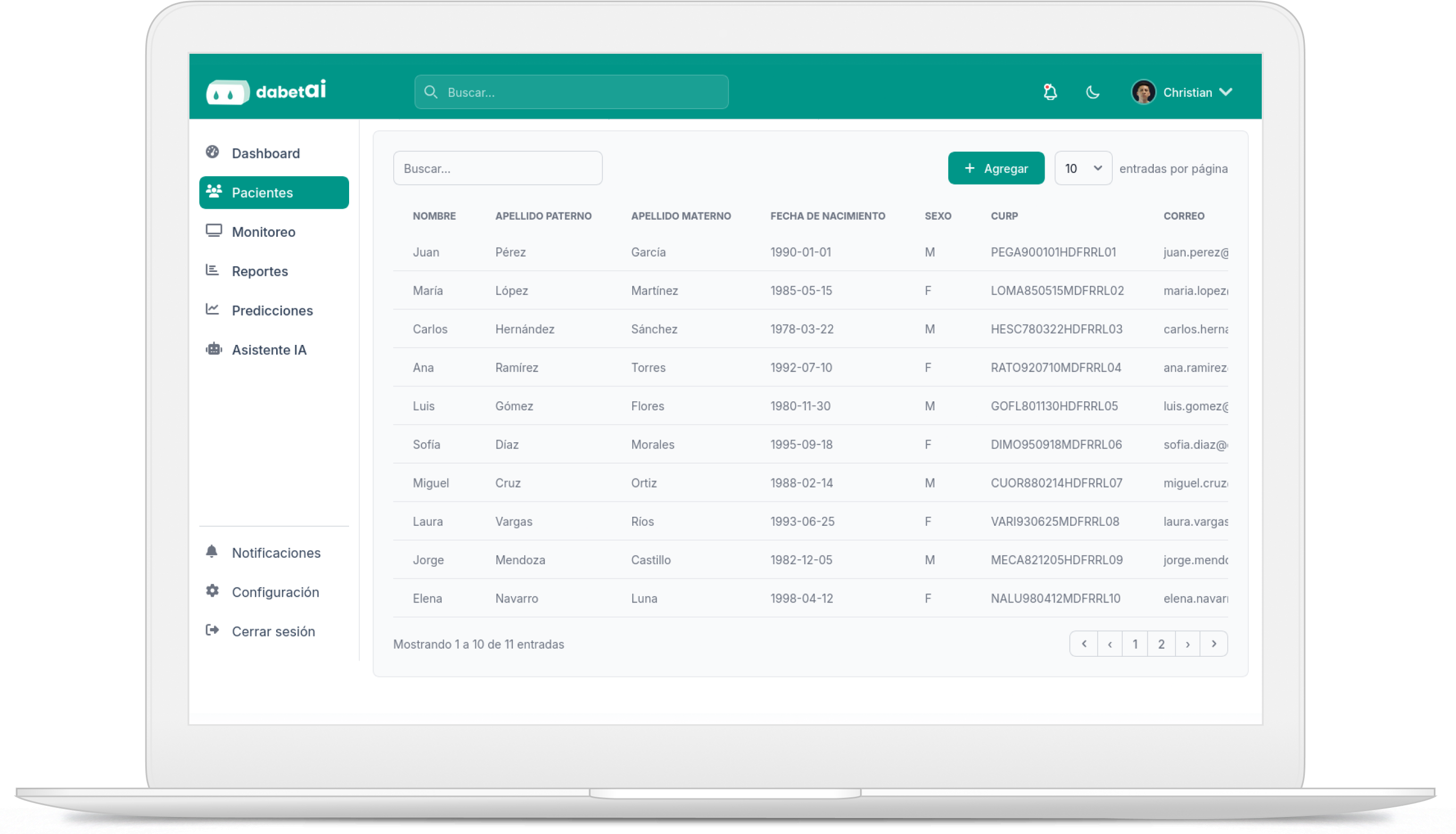 Panel de gestión de pacientes en el portal médico web de dabetai