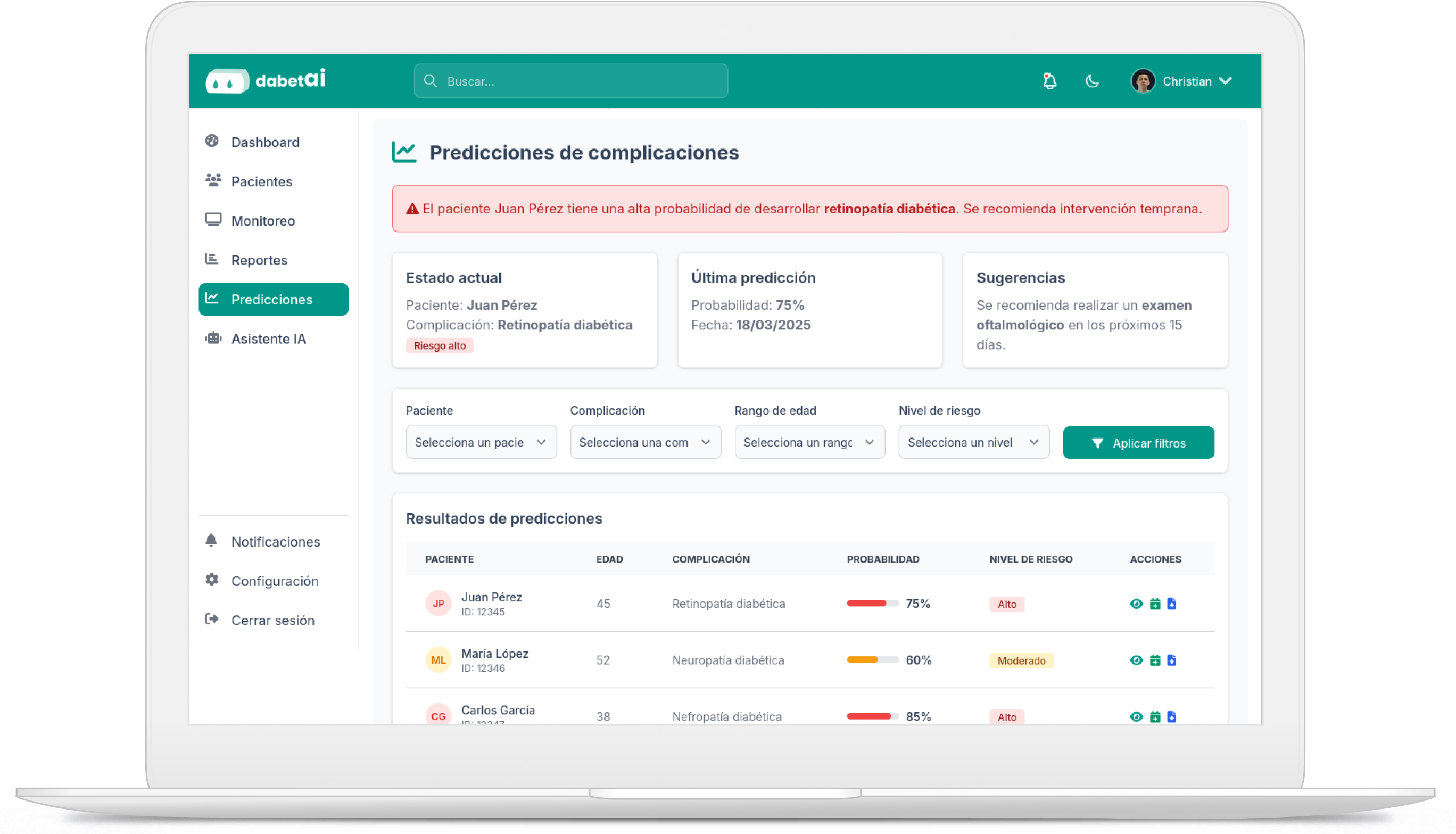 Predicciones de riesgo de complicaciones por paciente en el portal médico dabetai